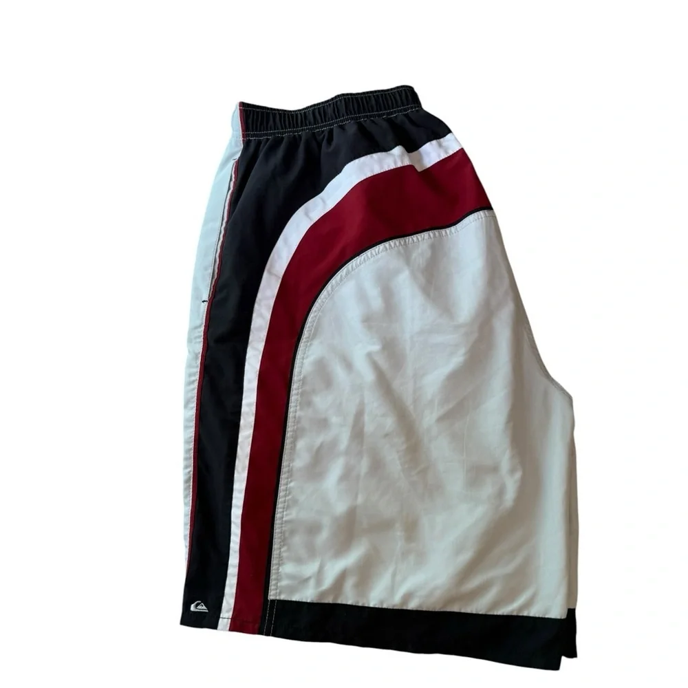Quiksilver White Swim Trunks with Black Side Panels and Red Piping